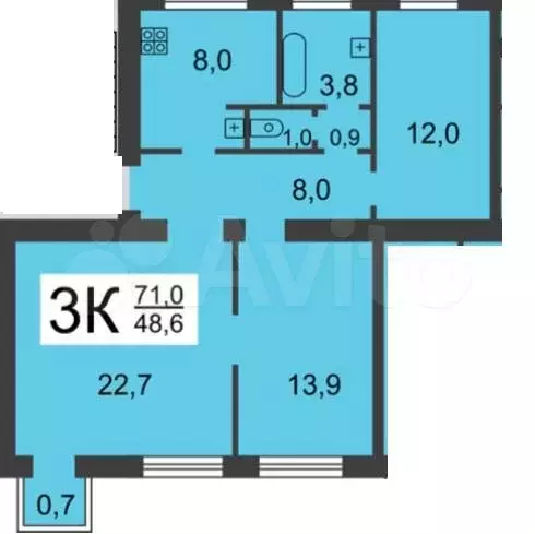3-к. квартира, 71 м, 3/4 эт. - Фото 0