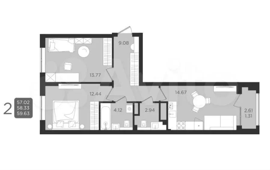 2-к. квартира, 58,5 м, 1/9 эт. - Фото 1