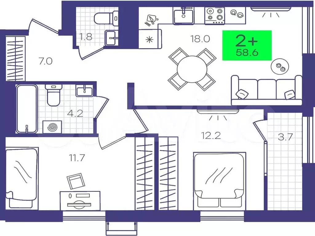2-к. квартира, 58,6 м, 2/14 эт. - Фото 1