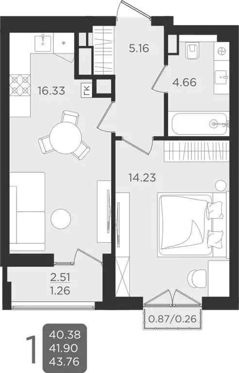 1-комнатная квартира: Калининград, улица Старшины Дадаева, 55к1 (41.99 ... - Фото 1