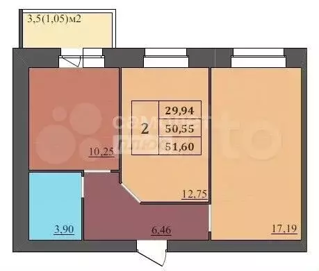 2-к. квартира, 51,6 м, 5/9 эт. - Фото 0