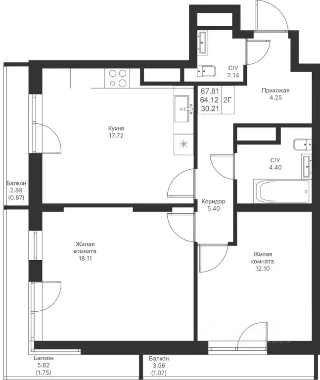 2-к кв. Татарстан, Казань Мой Ритм жилой комплекс (67.81 м) - Фото 2