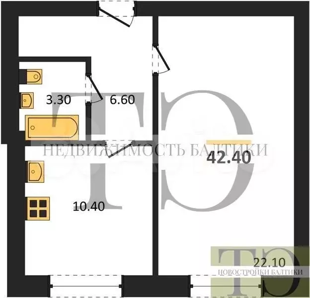 1-к. квартира, 42,4 м, 3/6 эт. - Фото 0