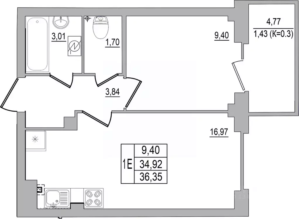 1-к кв. Псковская область, Псков ул. Юности, 32 (36.35 м) - Фото 0