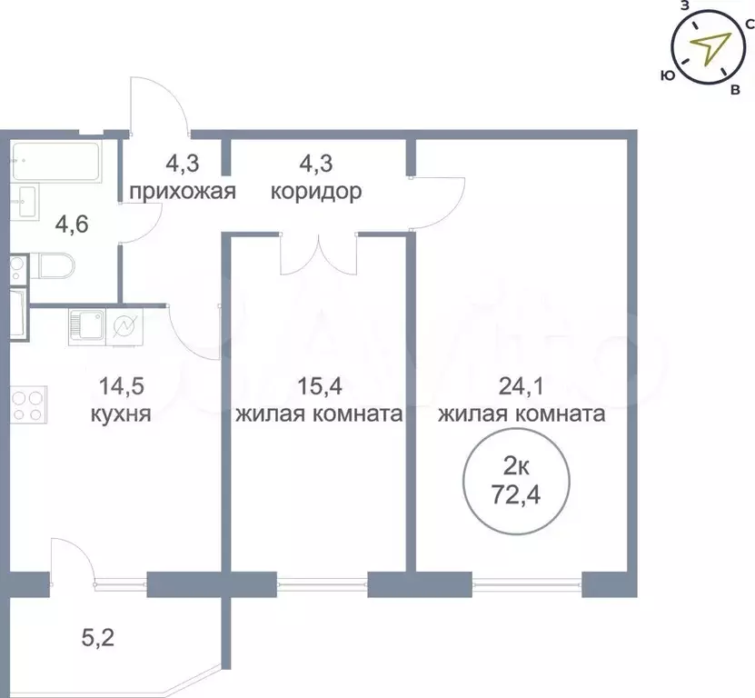 2-к. квартира, 72,4 м, 18/21 эт. - Фото 0