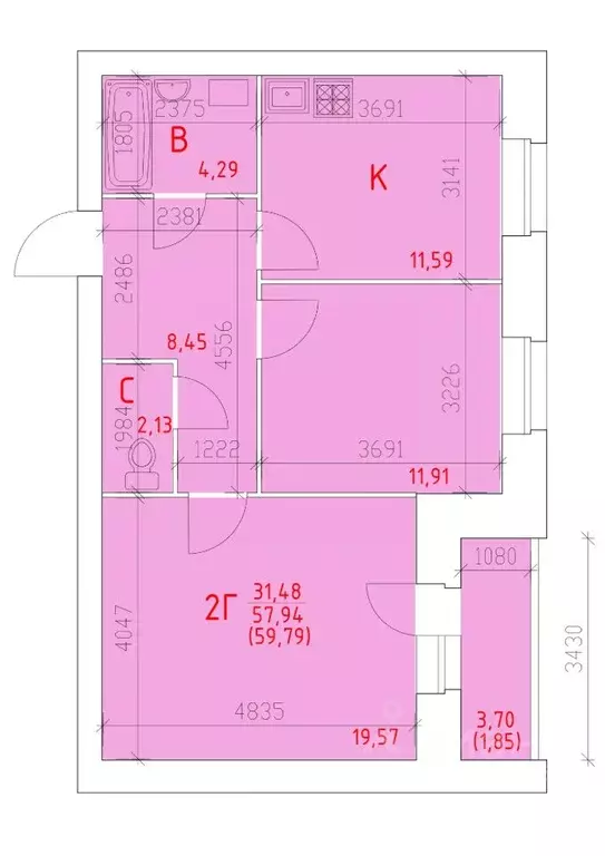 2-к кв. Вологодская область, Череповец 109-й мкр,  (59.79 м) - Фото 1
