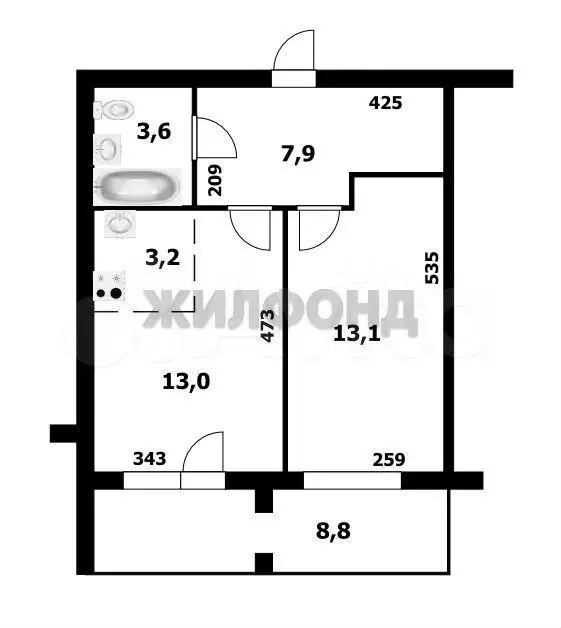 2-к. квартира, 45,1 м, 8/10 эт. - Фото 0