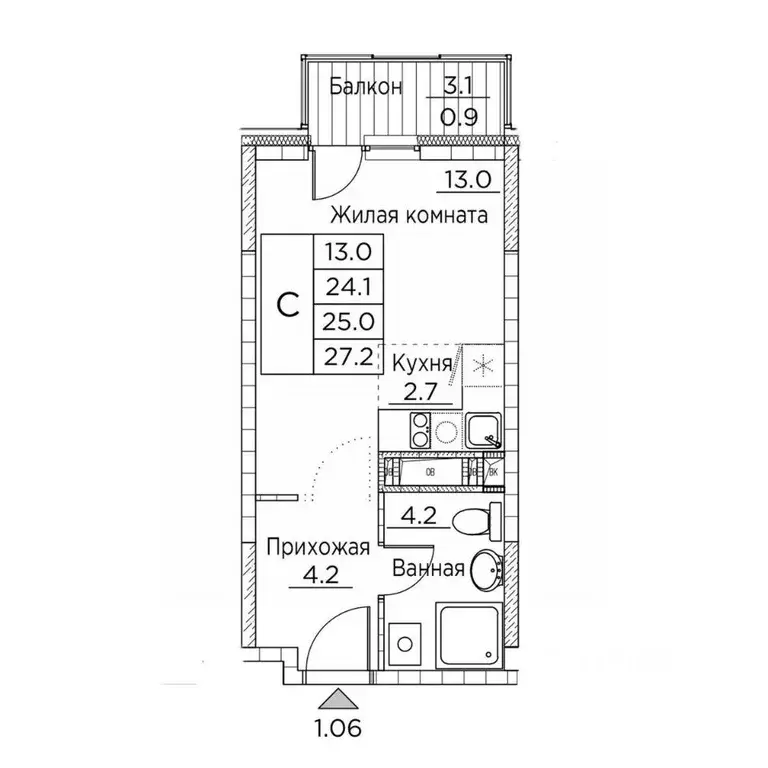 Студия Приморский край, Владивосток ул. Расула Гамзатова, 7к2 (27.2 м) - Фото 2