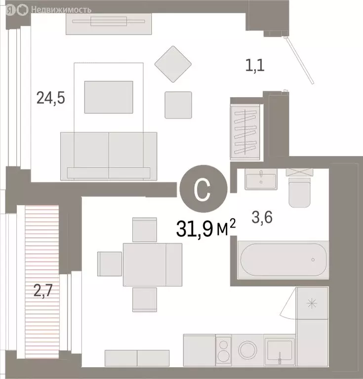 Квартира-студия: Тюмень, жилой комплекс Зарека (31.89 м) - Фото 1