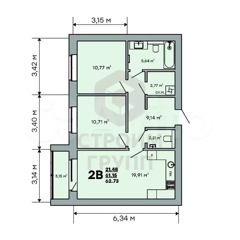 2-к. квартира, 62,7 м, 6/9 эт. - Фото 1