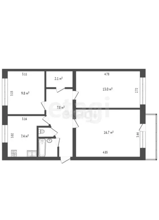 Квартира, 3 комнаты, 59 м - Фото 1