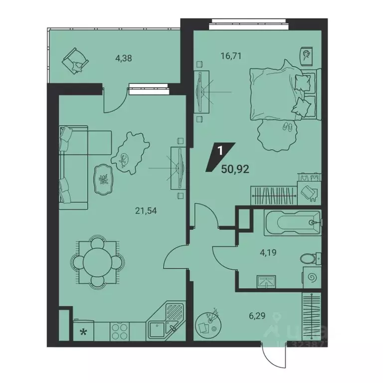 1-к кв. Свердловская область, Екатеринбург ул. Громова, 26/3 (51.4 м) - Фото 2