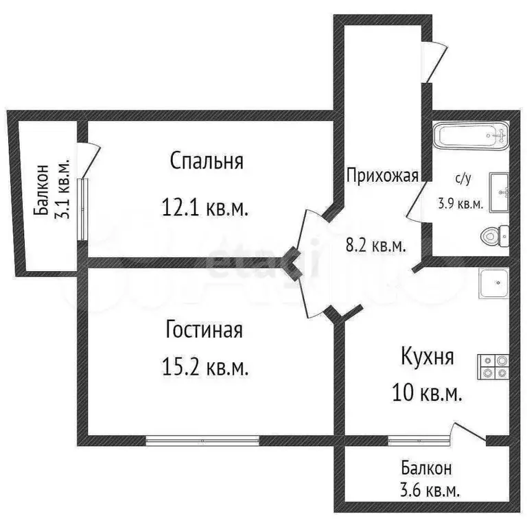 2-к. квартира, 49,4 м, 5/6 эт. - Фото 0