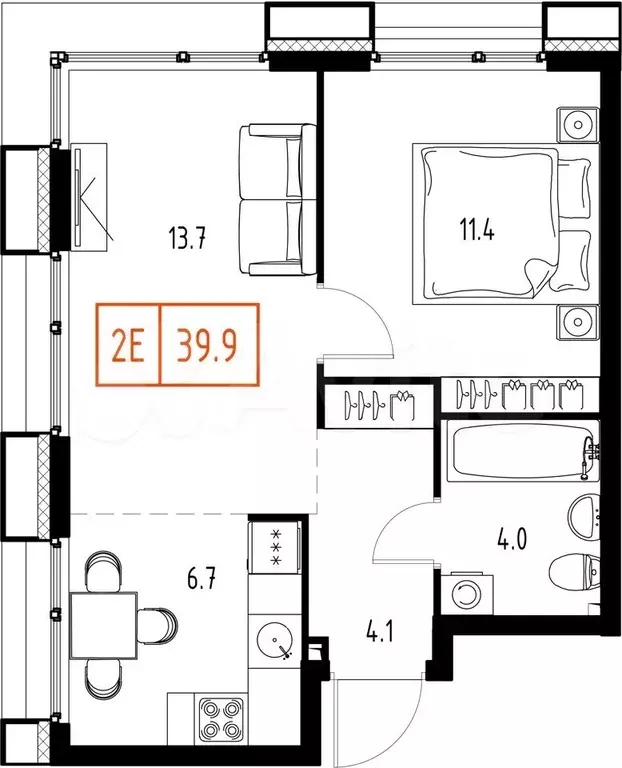 2-к. квартира, 39,9 м, 4/9 эт. - Фото 1