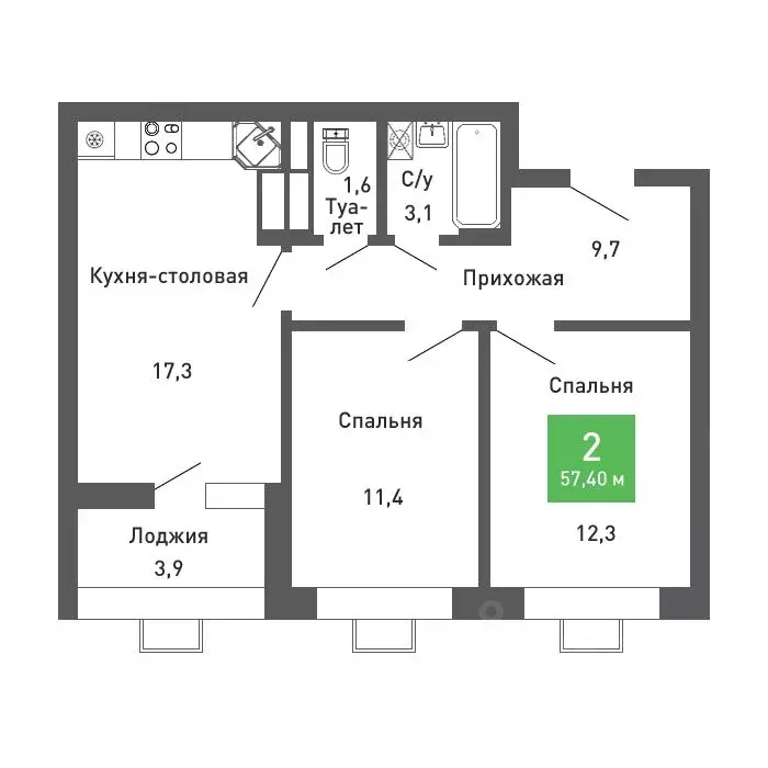 2-к кв. Воронежская область, Воронеж ул. Остужева, 52/5 (57.3 м) - Фото 0