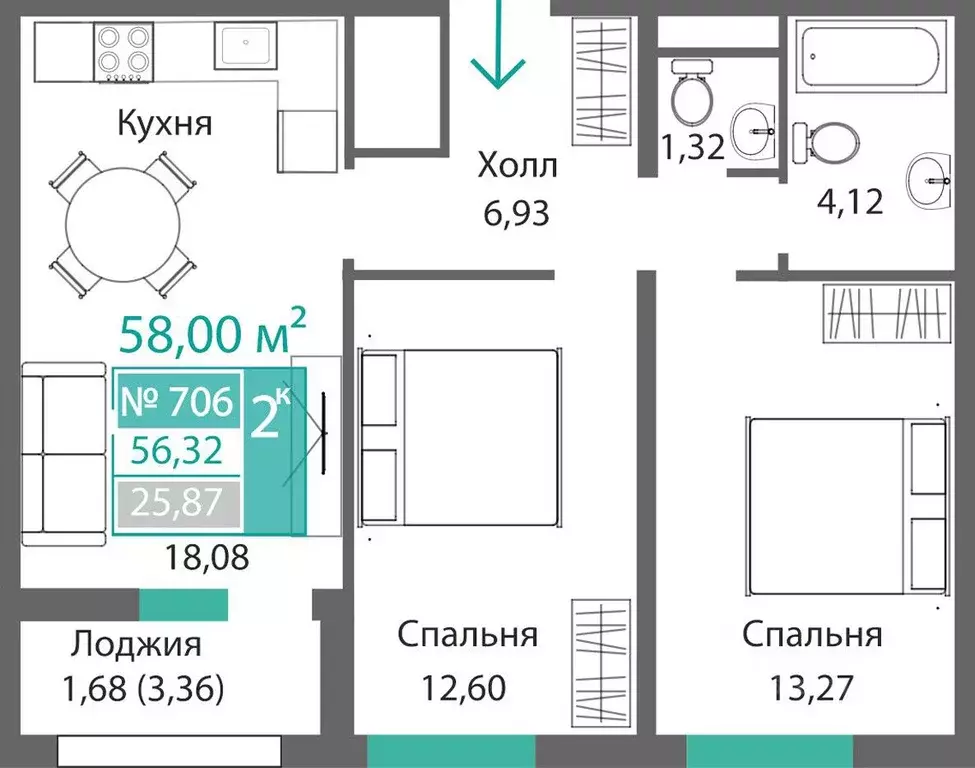 2-к кв. Крым, Симферополь Крымская роза мкр,  (58.0 м) - Фото 0