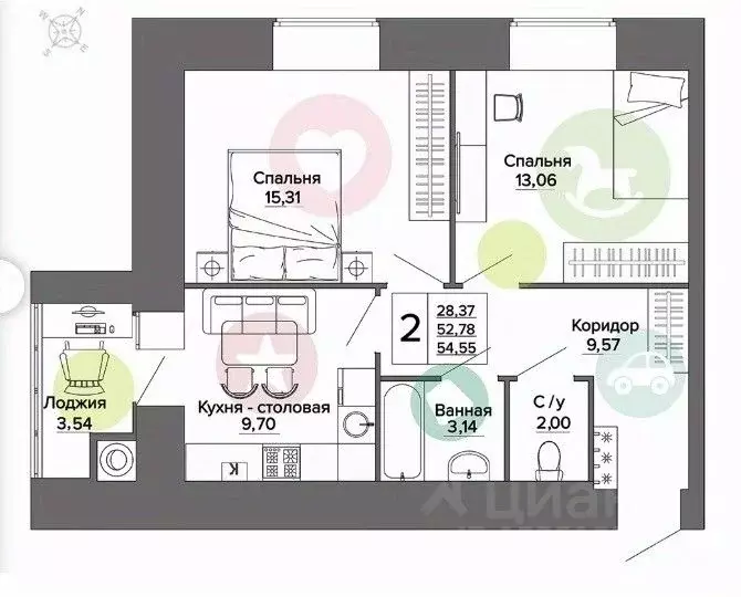 2-к кв. Рязанская область, Рязань ул. Княжье Поле, 10 (54.55 м) - Фото 1
