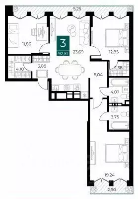 3-к кв. Рязанская область, Рязань Арт Кварталы жилой комплекс (92.51 ... - Фото 1