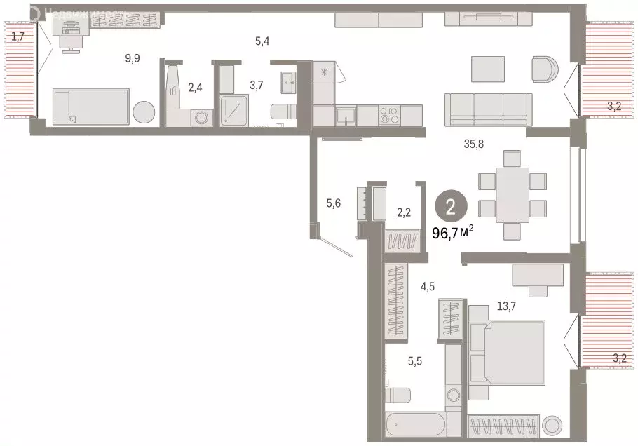 3-комнатная квартира: Тюмень, улица Республики, 205к2 (96.6 м) - Фото 1