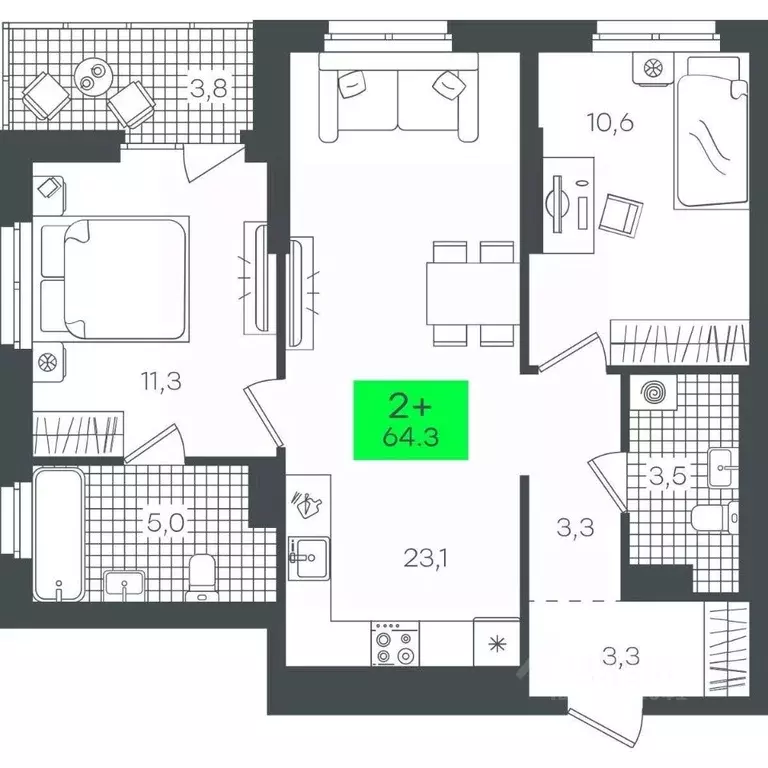 2-к кв. Тюменская область, Тюмень ул. Василия Малкова, 15 (64.34 м) - Фото 0