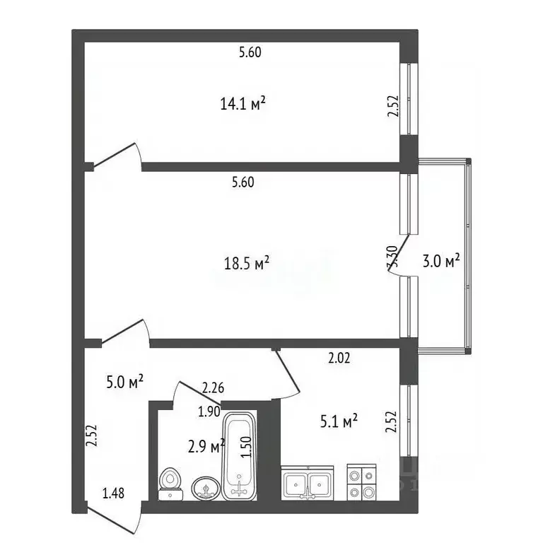 2-к кв. Самарская область, Самара ул. Гагарина, 57 (46.5 м) - Фото 1