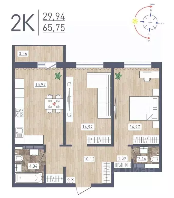 2-к кв. Новосибирская область, Новосибирск ул. Забалуева, 69 (65.75 м) - Фото 0