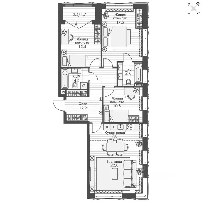 4-к кв. Нижегородская область, Нижний Новгород Черниговская ул. (94.2 ... - Фото 2
