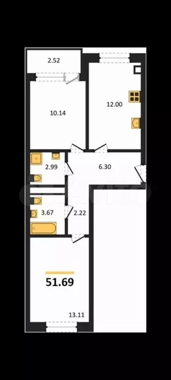 2-к. квартира, 53 м, 1/8 эт. - Фото 1