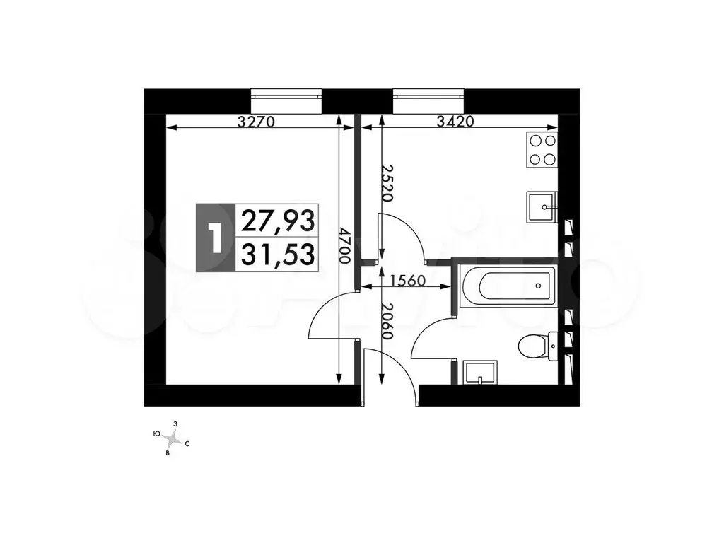 1-к. квартира, 31,5м, 2/4эт. - Фото 0