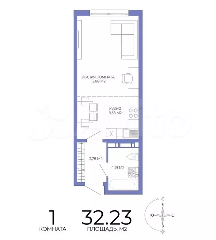 Квартира-студия, 32,2 м, 4/18 эт. - Фото 0