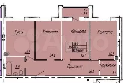 3-к. квартира, 85,4 м, 6/7 эт. - Фото 0