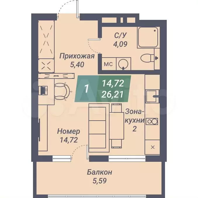 Апартаменты-студия, 26,2 м, 10/23 эт. - Фото 0