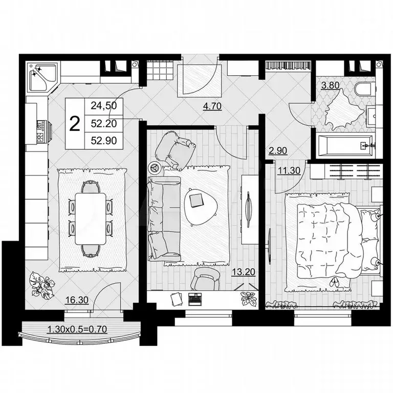 2-к. квартира, 52,9 м, 6/9 эт. - Фото 1