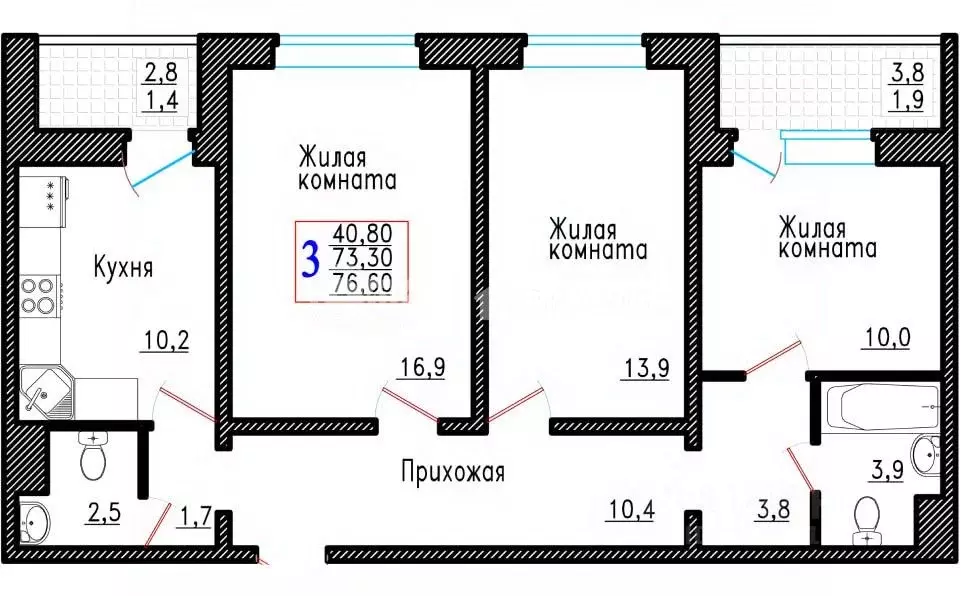 3-к кв. Воронежская область, Воронеж Острогожская ул., 166/4 (76.6 м) - Фото 0