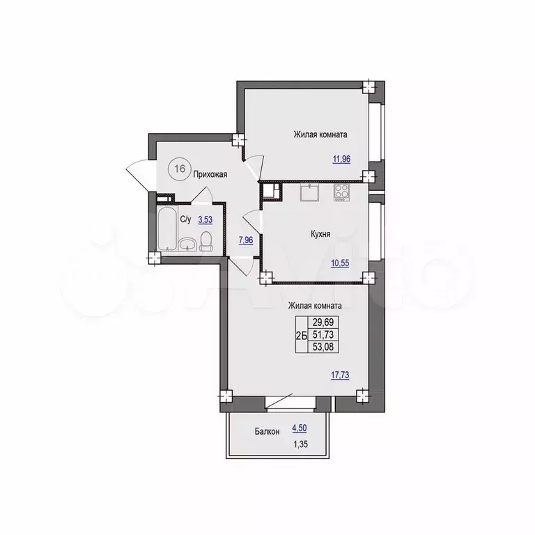 2-к. квартира, 53,1 м, 3/11 эт. - Фото 0