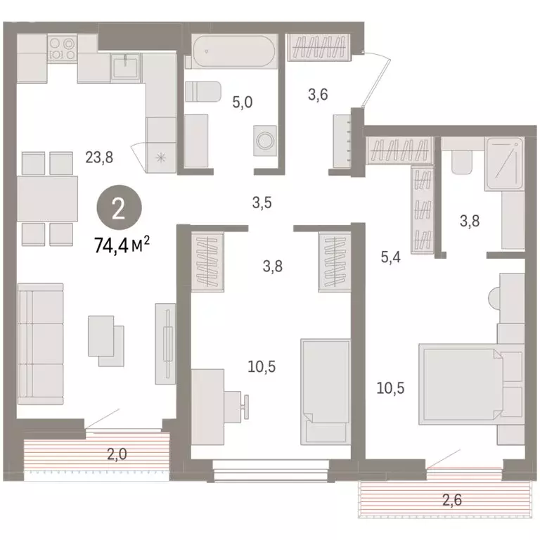 2-комнатная квартира: Новосибирск, улица Аэропорт (74.36 м) - Фото 1