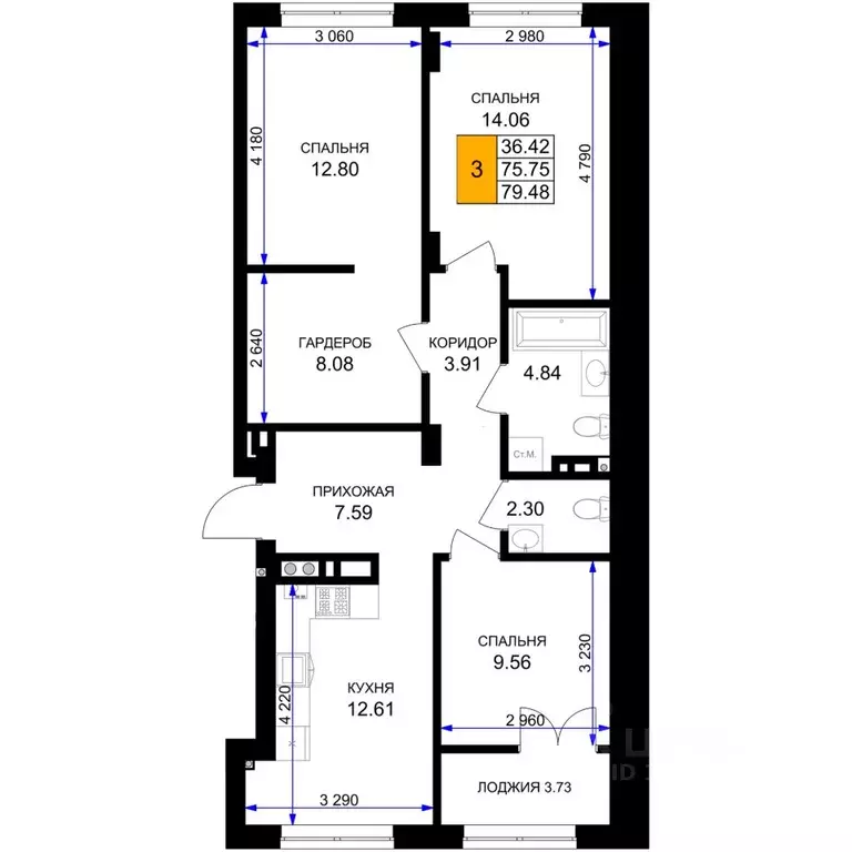 3-к кв. Калининградская область, Гурьевск Включи жилой комплекс (79.48 ... - Фото 1