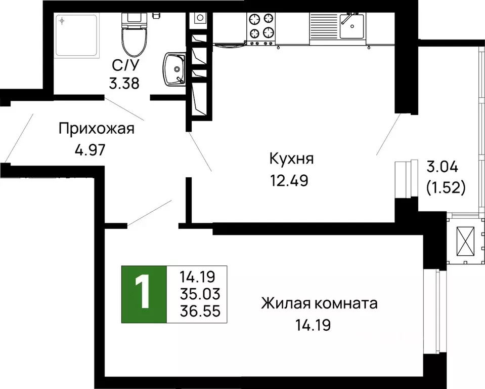 1-к кв. Адыгея, Майкоп 9 Мая ул., 14А (36.55 м) - Фото 0