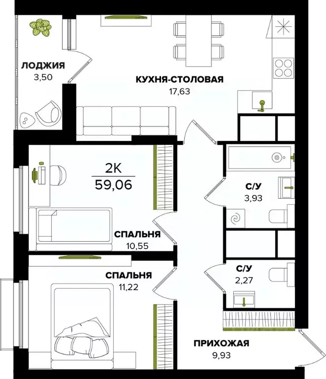 2-к кв. Тульская область, Тула  (59.06 м) - Фото 0