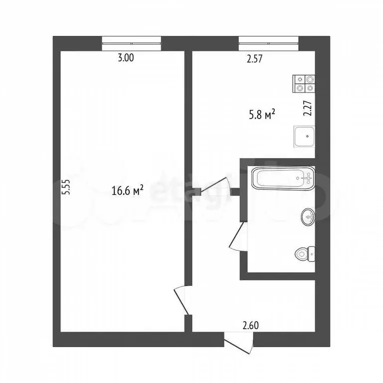 1-к. квартира, 30,2 м, 1/5 эт. - Фото 0