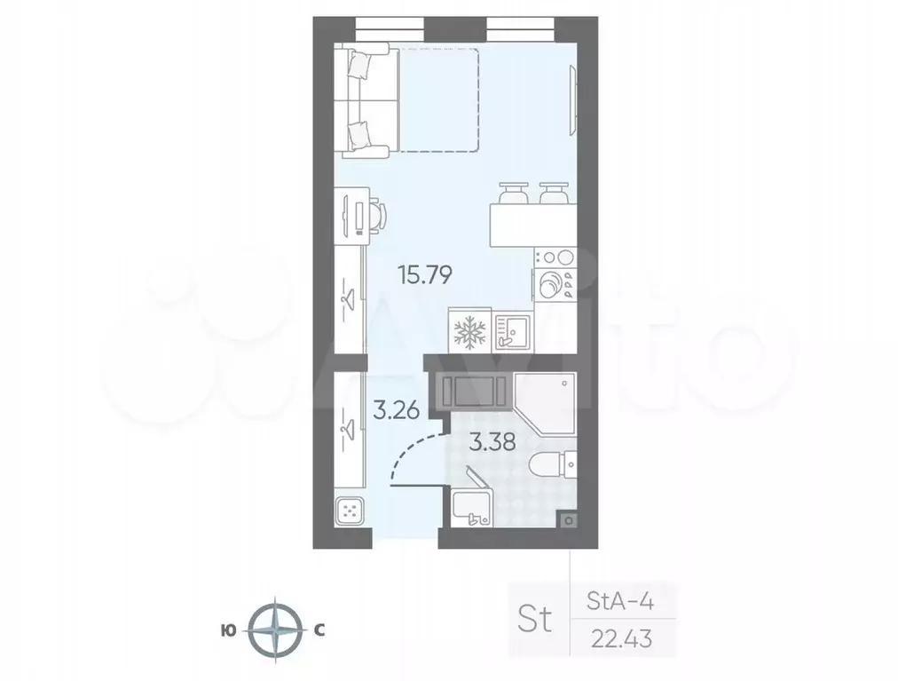 Квартира-студия, 21,6 м, 4/22 эт. - Фото 0