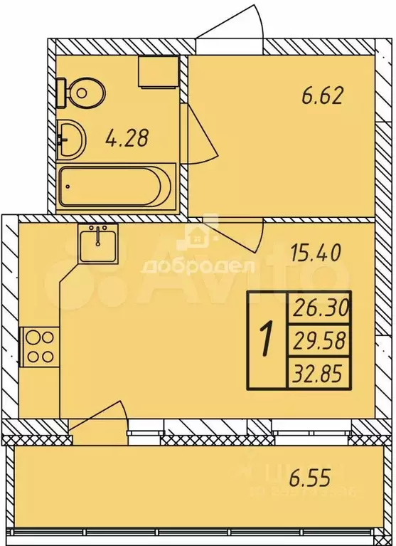 Квартира-студия, 32,8 м, 4/16 эт. - Фото 0