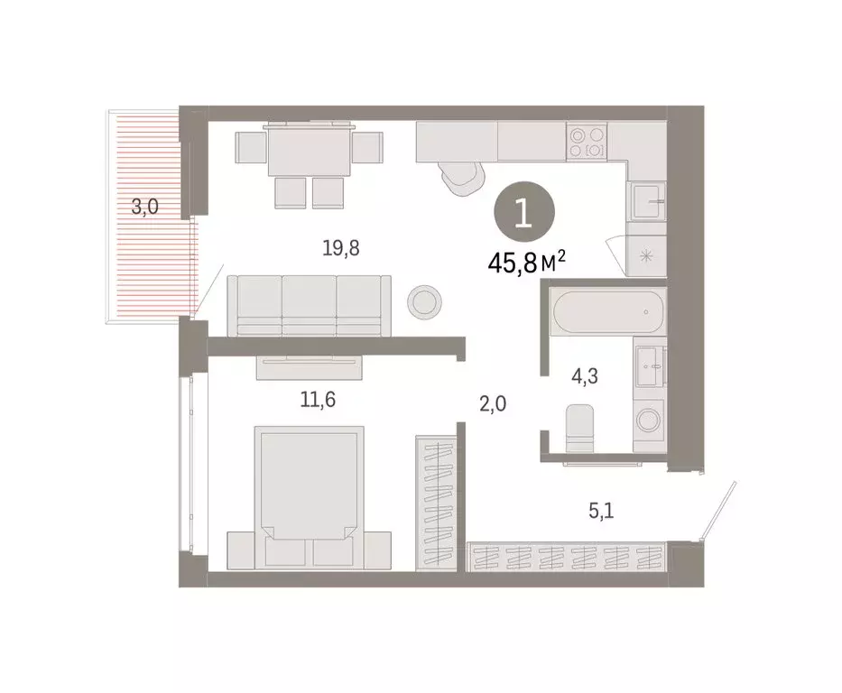 1-комнатная квартира: Тюмень, улица Республики, 205к3 (45.82 м) - Фото 2