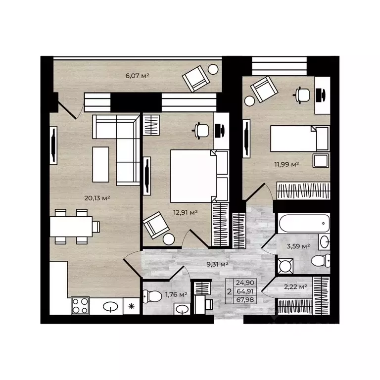2-к кв. Ярославская область, Ярославль Тормозное ш. (67.98 м) - Фото 1