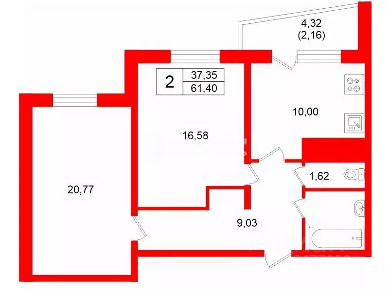 2-к кв. Санкт-Петербург Дунайский просп., 55к1 (61.4 м) - Фото 2