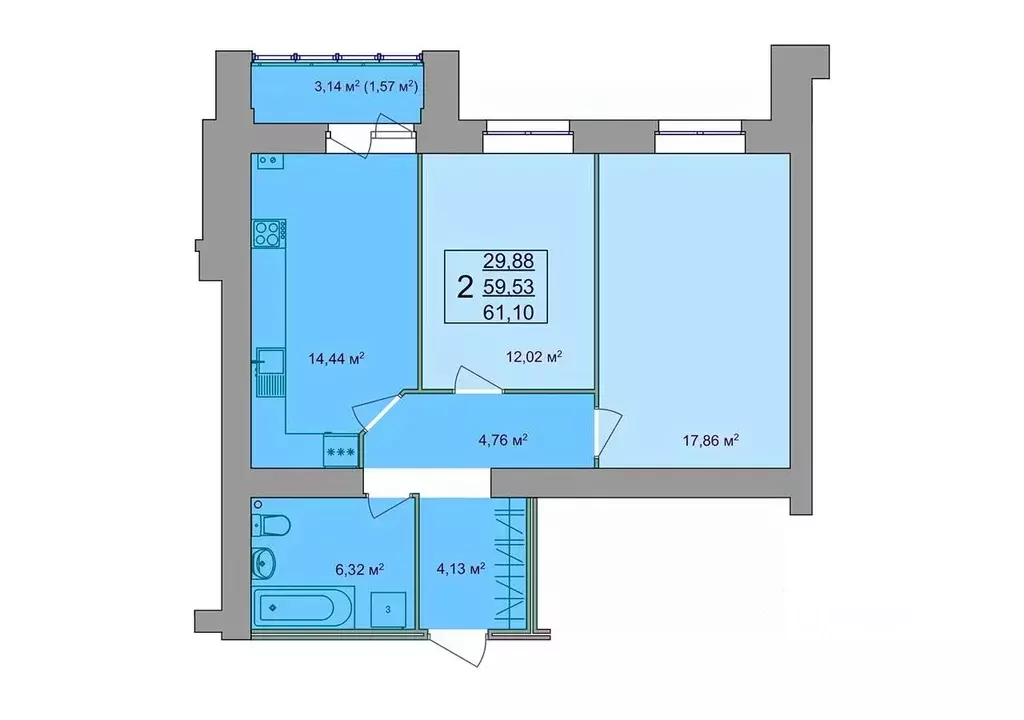 2-к кв. Костромская область, Кострома Привокзальная ул., 12 (61.1 м) - Фото 0
