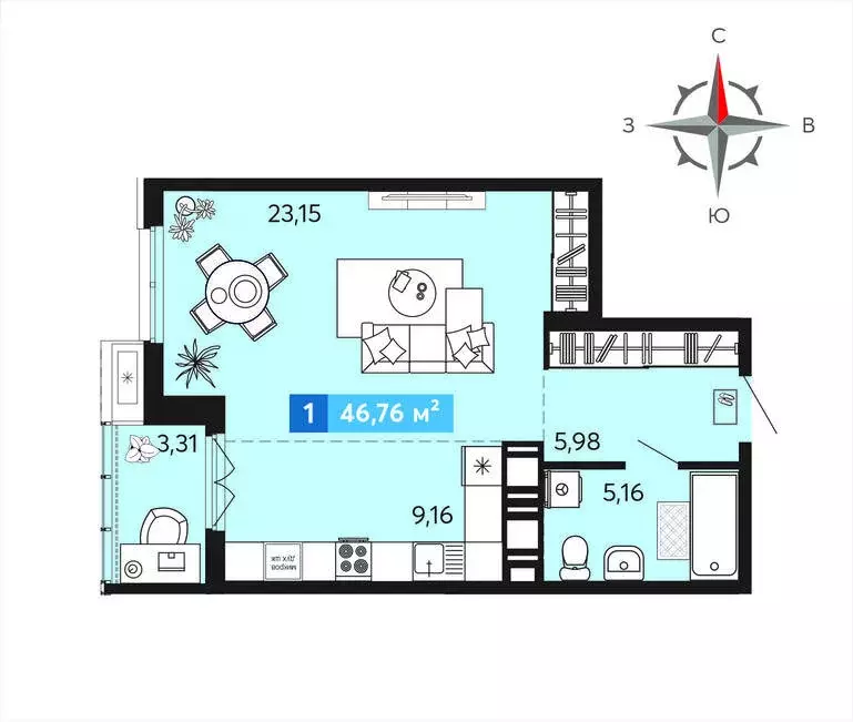 Квартира-студия: Засечное, микрорайон Город Спутник (46.76 м) - Фото 1