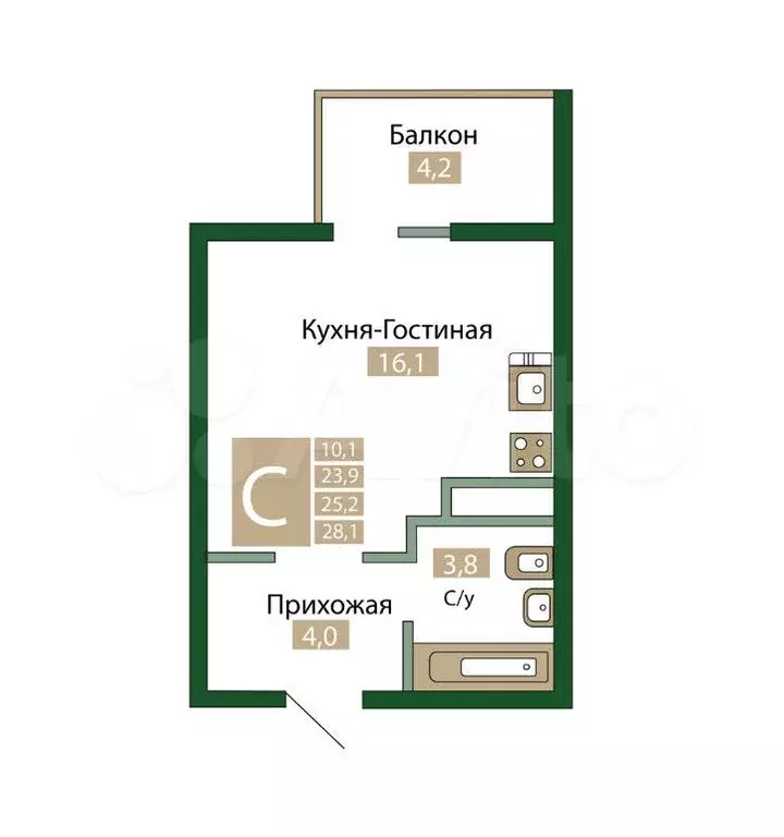 Квартира-студия, 28,1 м, 7/12 эт. - Фото 1