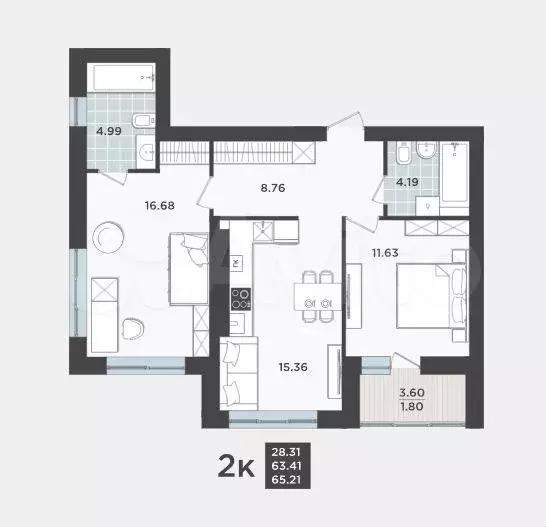 2-к. квартира, 65,2 м, 7/9 эт. - Фото 1