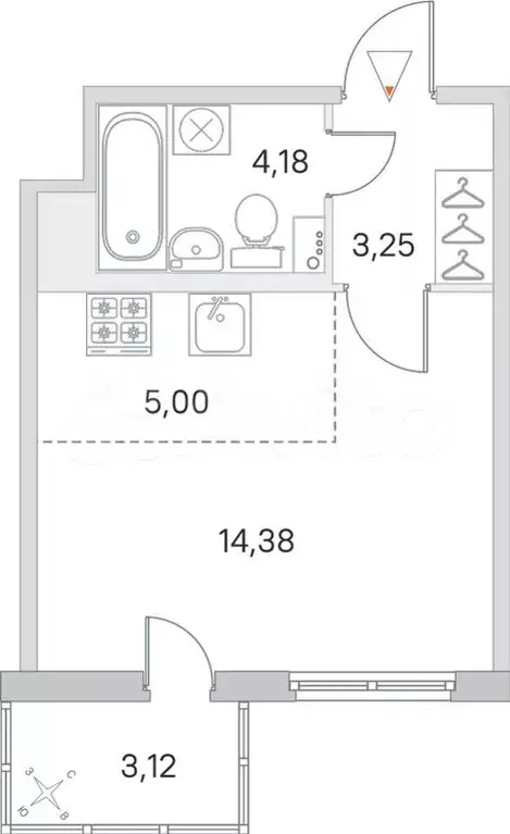 Квартира-студия, 27,8м, 2/8эт. - Фото 0